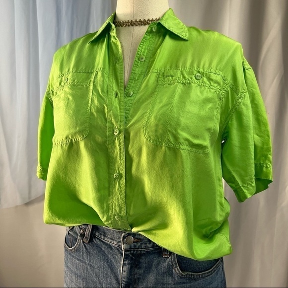 The Limited Tops - The Limited lime green silk shirt sleeve button down collared blouse size XS